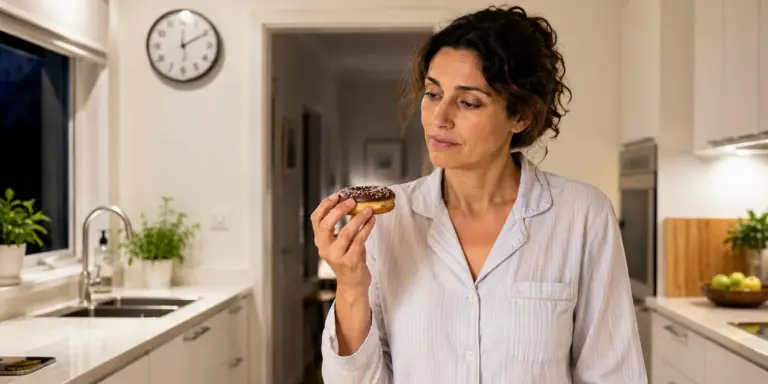 Middle-aged woman in pajamas standing in a kitchen at night, holding a sugary snack and wondering if sugar can affect sleep and cause insomnia