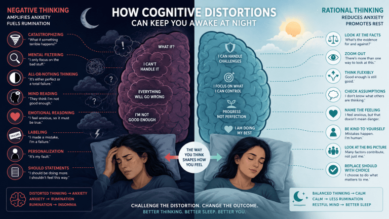 Illustration showing common cognitive distortions such as catastrophizing, personalization, mind reading, and all-or-nothing thinking that contribute to anxiety and insomnia.