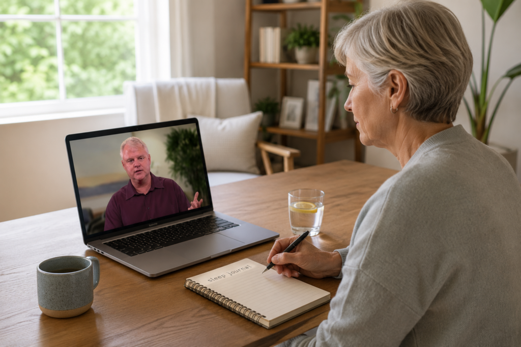Adult participating in an online sleep coaching session to improve sleep habits and overall well-being