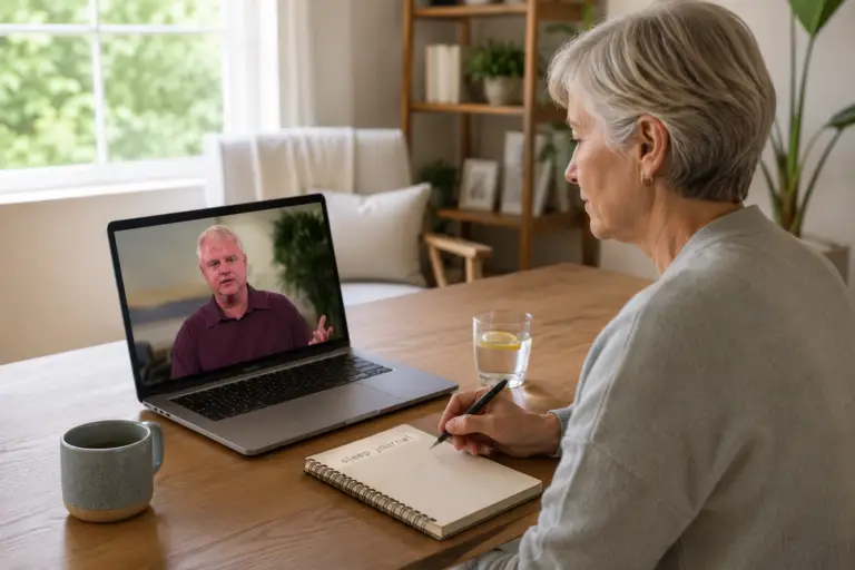 Adult participating in an online sleep coaching session to improve sleep habits and overall well-being