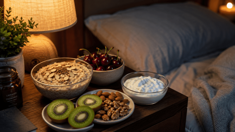 Healthy bedtime foods including oatmeal, cherries, kiwi, nuts, and yogurt that may support better sleep
