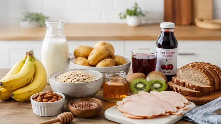 Sleep-promoting foods including bananas, oatmeal, almonds, kiwi, tart cherry juice, whole grain bread, turkey, milk, and flaxseeds arranged on a kitchen table