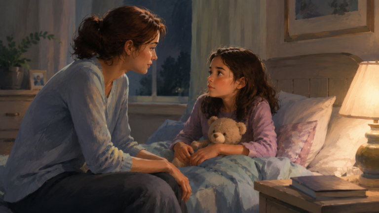 Tired child with ADHD sitting in bed while a parent offers calm bedtime support