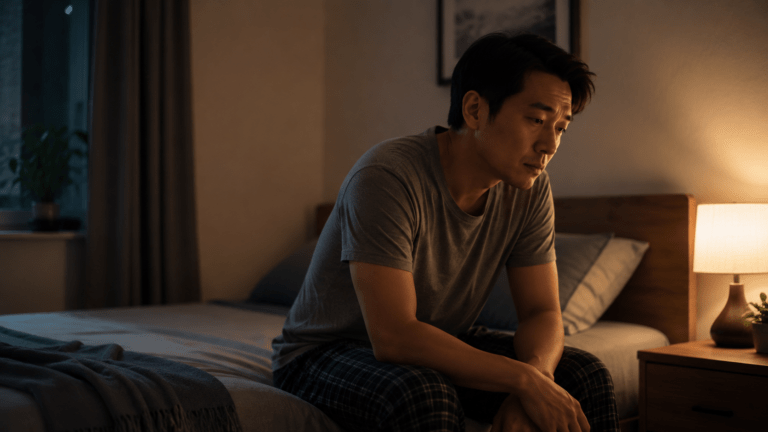 A tired adult sitting calmly on the edge of a bed at night, unable to sleep despite exhaustion