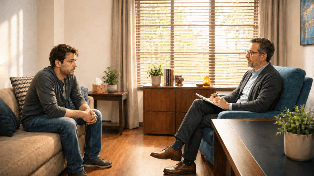 Adult with sleep anxiety talks with a psychologist in a calm therapy office