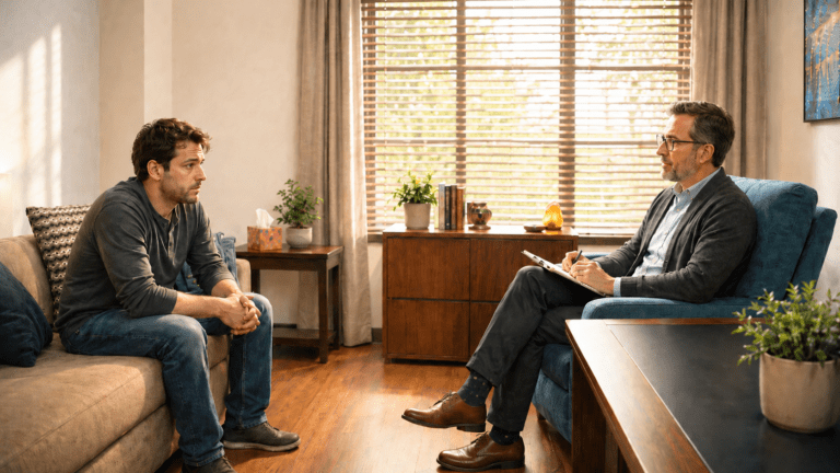 Adult with sleep anxiety talks with a psychologist in a calm therapy office