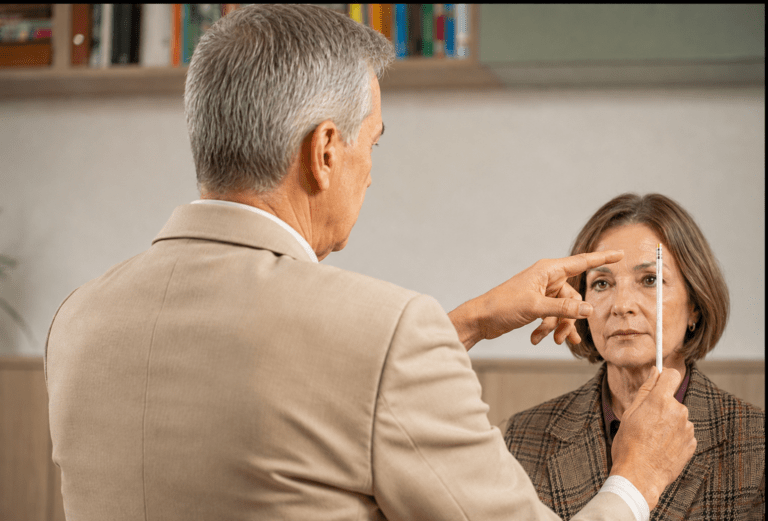 Therapist guides a patient through an EMDR therapy session using eye movement techniques in a calm clinical office