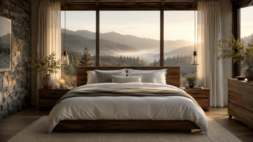 Peaceful bedroom with warm morning light and mountain views, representing natural sleep improvement through CBT-I without medication