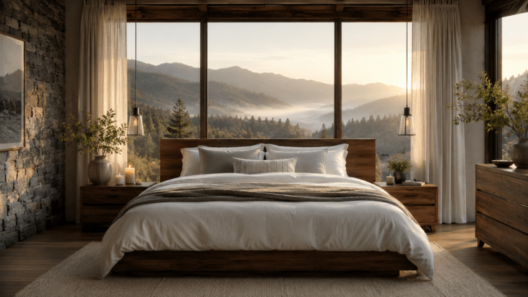 Peaceful bedroom with warm morning light and mountain views, representing natural sleep improvement through CBT-I without medication
