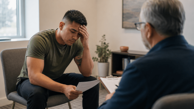 Trauma survivor speaking with a therapist in a calm office, representing trauma-related insomnia, hypervigilance, and sleep recovery