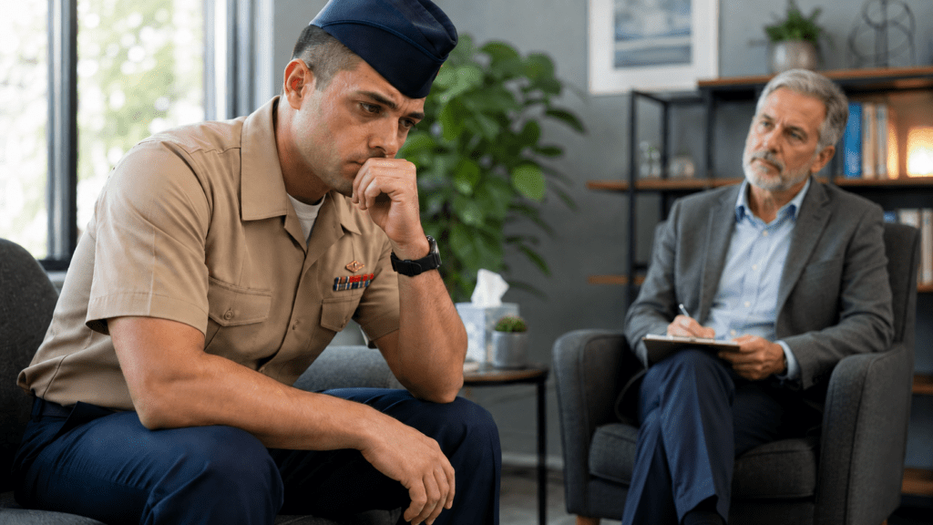 A service member in a therapy session discussing PTSD-related insomnia, hypervigilance, nightmares, and sleep recovery