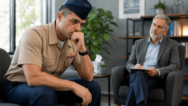 A service member in a therapy session discussing PTSD-related insomnia, hypervigilance, nightmares, and sleep recovery