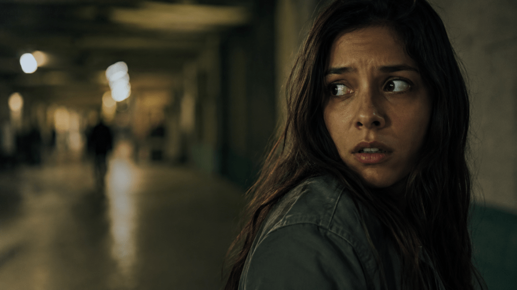 Hypervigilance and sleep problems shown by an anxious woman scanning a dim hallway, representing trauma-related insomnia and nighttime alertness