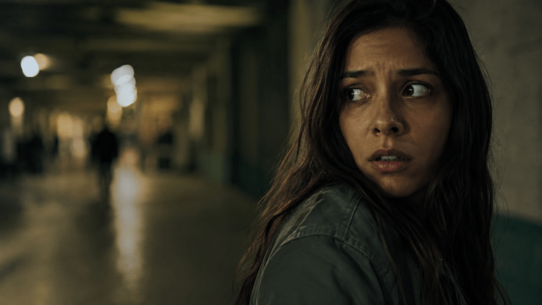 Hypervigilance and sleep problems shown by an anxious woman scanning a dim hallway, representing trauma-related insomnia and nighttime alertness