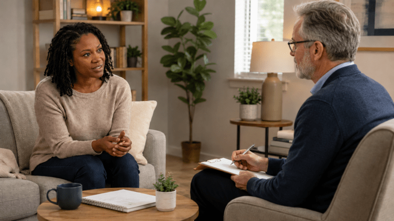 A calm adult in a therapy office learning how CBT-I treats chronic insomnia and sleep anxiety