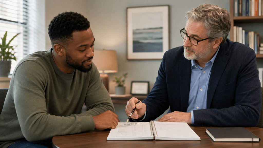 Adult reviewing a sleep journal with a therapist while seeking help for insomnia and chronic sleep problems