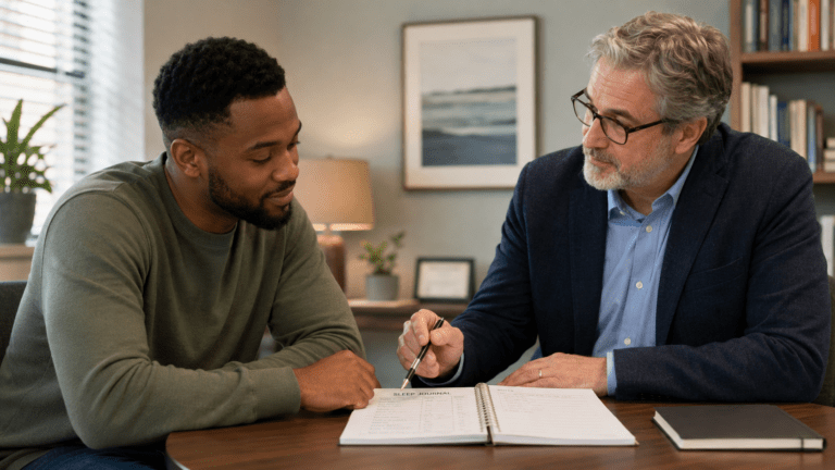 Adult reviewing a sleep journal with a therapist while seeking help for insomnia and chronic sleep problems