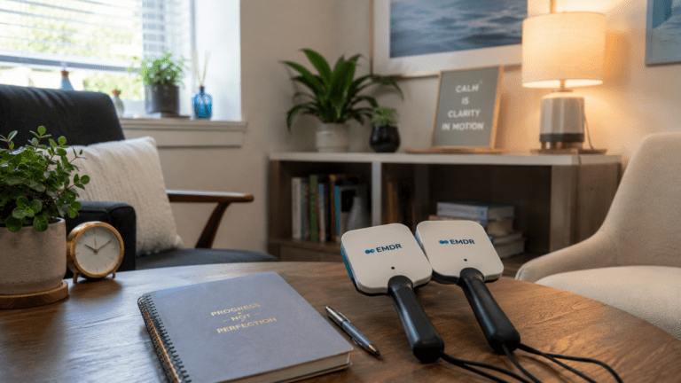 EMDR therapy tools on a calm office table showing how EMDR works for trauma, PTSD, nightmares, and sleep disruption