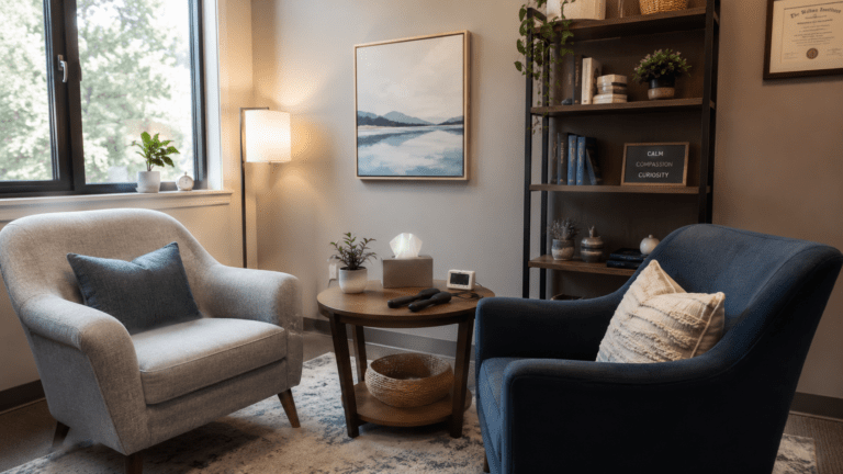 A calm therapy office prepared for an EMDR session with comfortable chairs and natural light