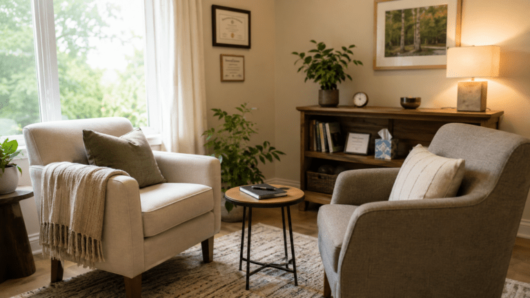 EMDR and PTSD recovery in a calm therapy office with chairs and a notebook