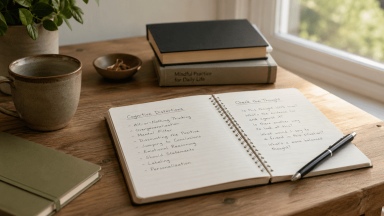 Calm notebook and pen on a desk representing cognitive distortions, anxiety, sleep, PTSD, and recovery