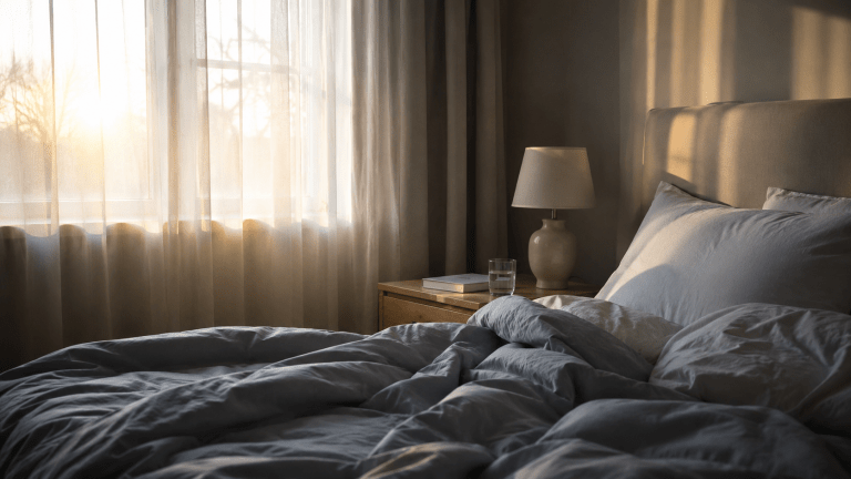 A calm bedroom at dawn with soft natural light suggesting recovery from insomnia and nighttime rumination
