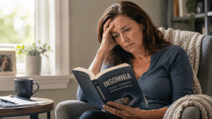 Obsessed with fixing sleep woman reading insomnia book with worry and exhaustion