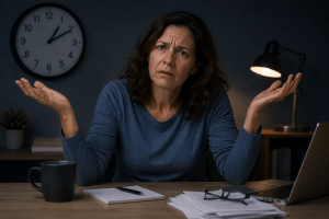 Why am I exhausted but still can’t sleep tired woman sitting awake at a desk with arms raised in confusion