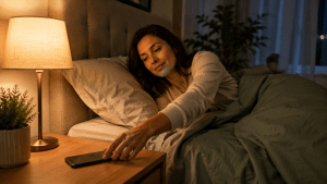 Sleepy window insomnia with a person setting aside a phone before sleep