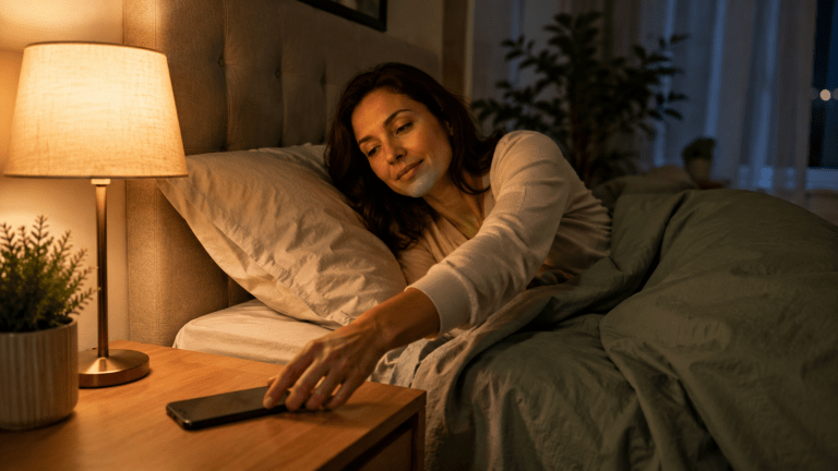 Sleepy window insomnia with a person setting aside a phone before sleep