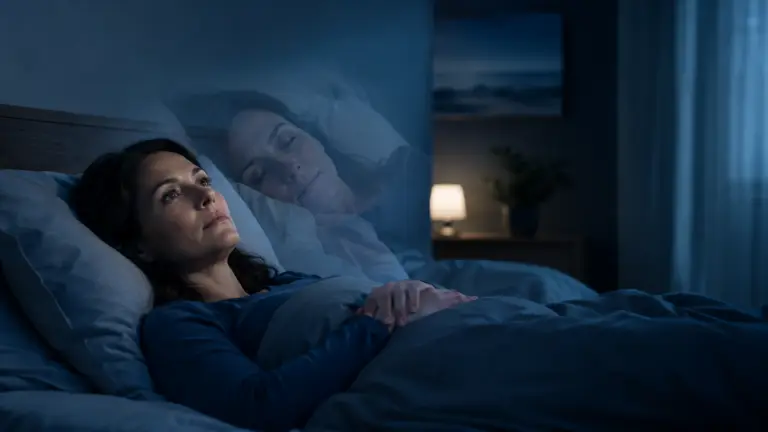 Person lying awake in bed at night, representing paradoxical insomnia and sleep state misperception