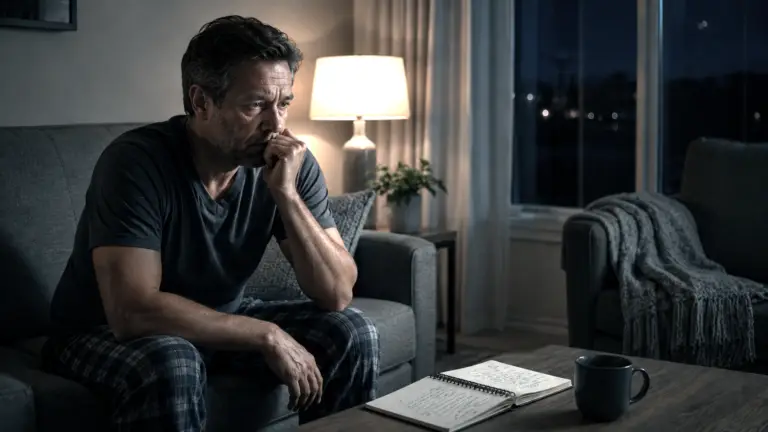 Man with chronic insomnia reviewing a sleep journal as part of Cognitive Behavioral Therapy for Insomnia (CBT-I).