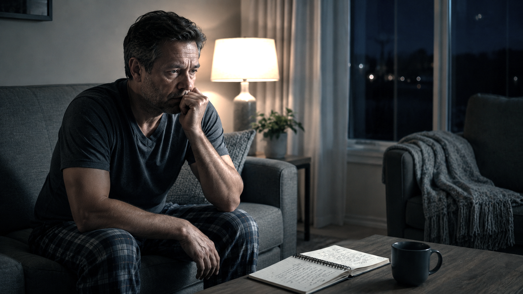 Man with chronic insomnia reviewing a sleep journal as part of Cognitive Behavioral Therapy for Insomnia (CBT-I).