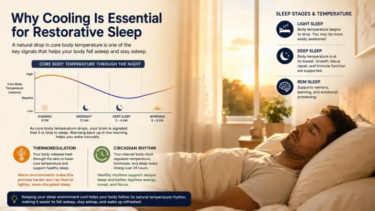 Why can't I sleep when it's hot? A man rests in bed at dawn while educational graphics illustrate body temperature regulation, circadian rhythm, and healthy sleep physiology.