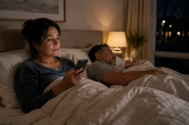Why can't I put my phone down at night? A woman lies awake in bed holding a smartphone while her partner sleeps beside her.