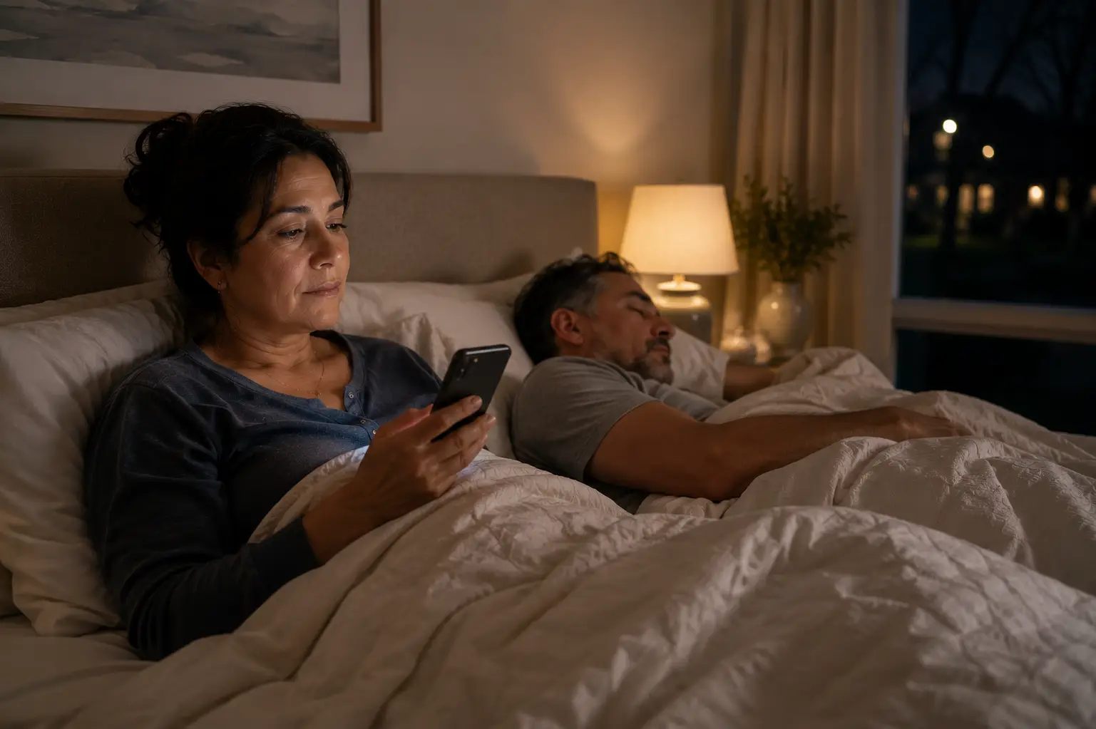Why can't I put my phone down at night? A woman lies awake in bed holding a smartphone while her partner sleeps beside her.