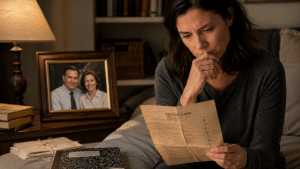 Adult woman reflecting on childhood criticism while holding an old handwritten note beside a clear framed photo of her parents.