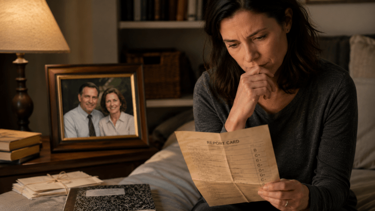 Adult woman reflecting on childhood criticism while holding an old handwritten note beside a clear framed photo of her parents.