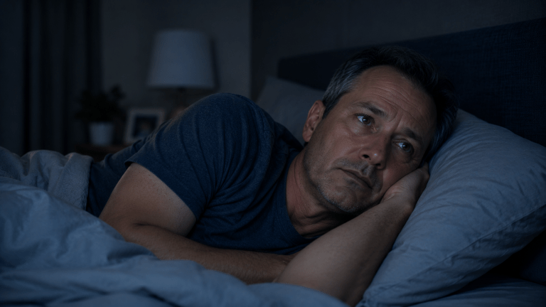 Sleep anxiety cause insomnia; man lying awake at night with fear of not sleeping